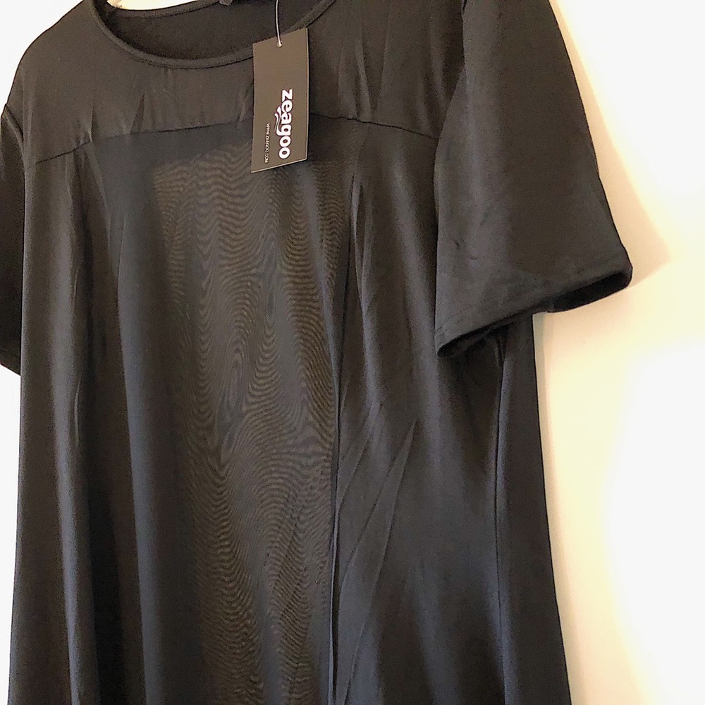 midi black dress with mesh panel